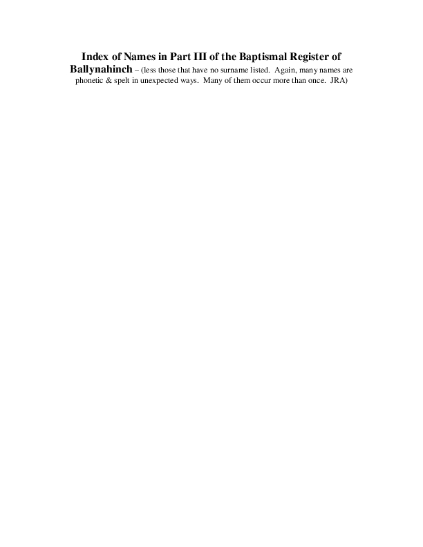 Index of Names in Part III of the Baptismal Register of Ballynahinch