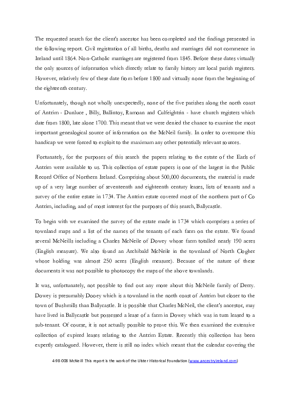Sample report of McNeill family, 1700s