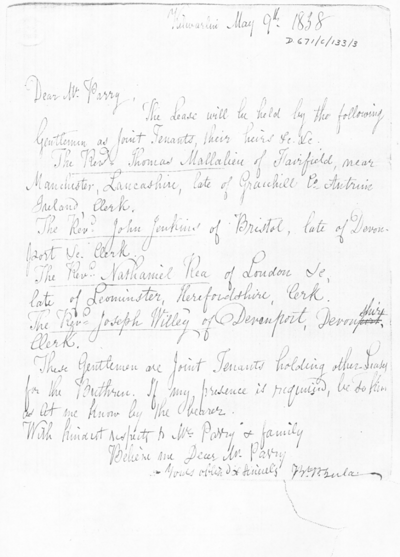 Letter to Mr Parry, May 1838
